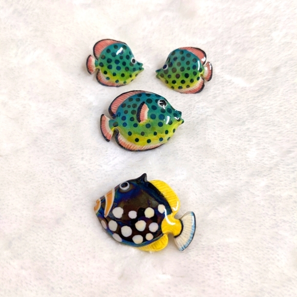 Handmade Jewelry - Vintage 80's Artisan Made Glazed Ceramic Fish Earrings And Brooches